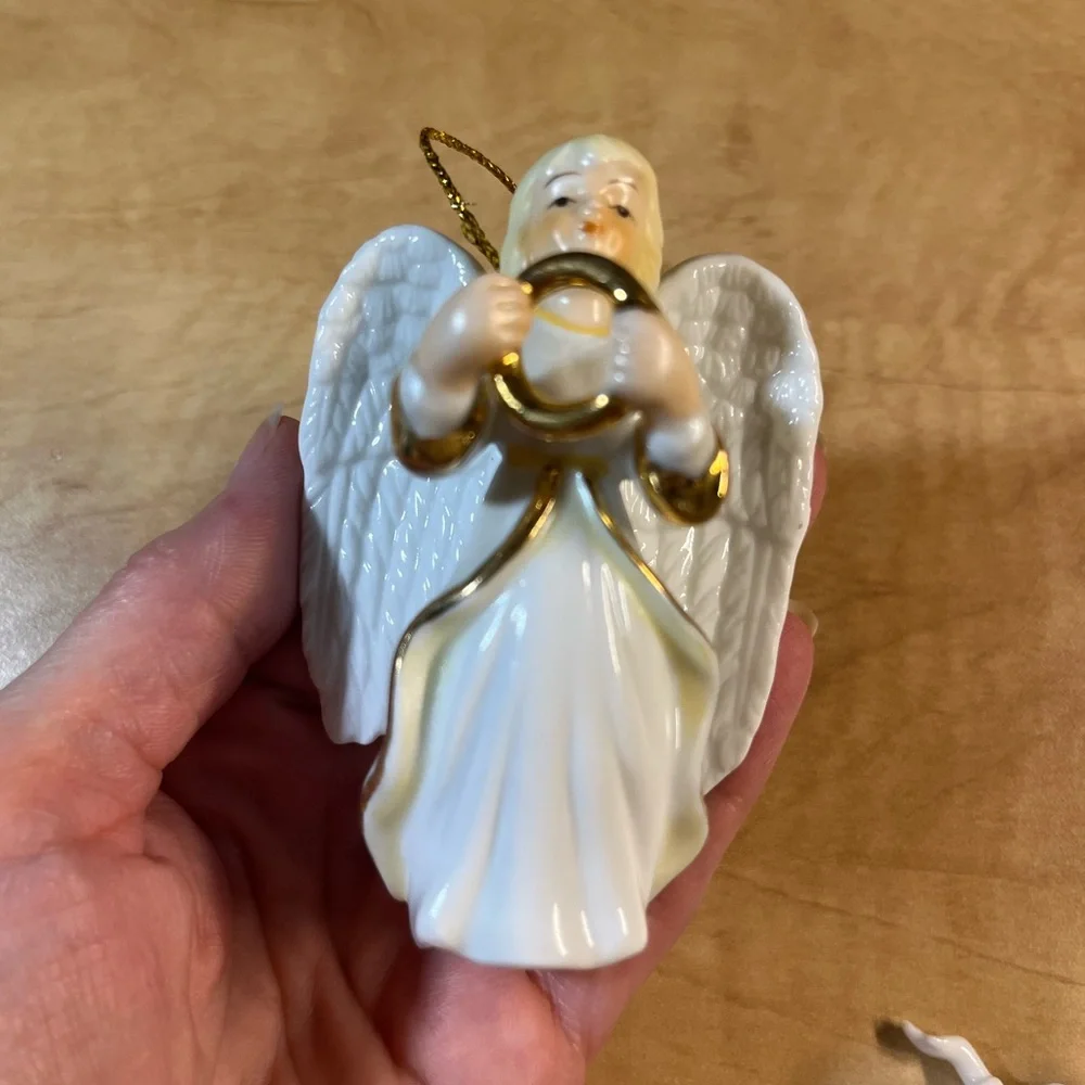 2 Ceramic White Gold Christmas Angel Ornaments